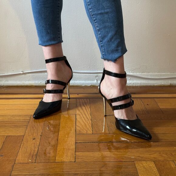Street Feet buckle strap stilettos with metal heel and black patent upper - Picture 1 of 6
